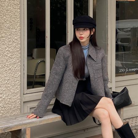 FA47555# 新款翻领小众口袋简约毛呢夹克外套女  服裝批發女裝批發服飾貨源