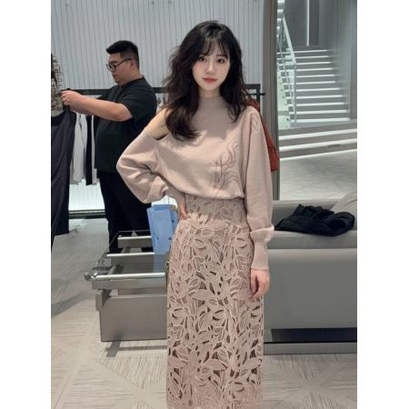 FA47558# 秋季搭配一整套大码胖mm粉色露肩针织衫镂空半身裙甜美漂亮套装女  服裝批發女裝批發服飾貨源