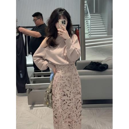 FA47558# 秋季搭配一整套大码胖mm粉色露肩针织衫镂空半身裙甜美漂亮套装女  服裝批發女裝批發服飾貨源