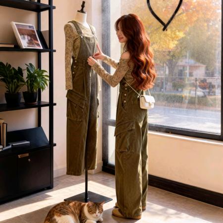 FA47560# 秋季穿搭一整套大码胖mm打底衫上衣牛仔背带阔腿裤复古减龄套装女  服裝批發女裝批發服飾貨源