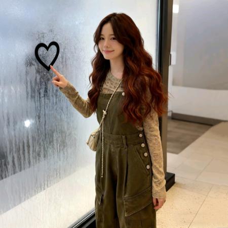 FA47560# 秋季穿搭一整套大码胖mm打底衫上衣牛仔背带阔腿裤复古减龄套装女  服裝批發女裝批發服飾貨源