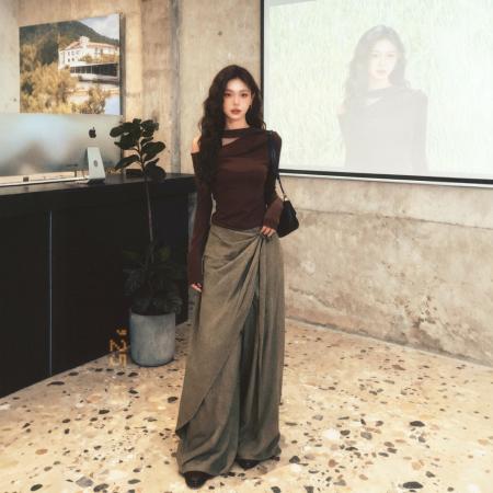 FA47561# 秋日搭配一整套大码胖mm露肩网纱飘带针织衫阔腿裤高级复古套装女  服裝批發女裝批發服飾貨源