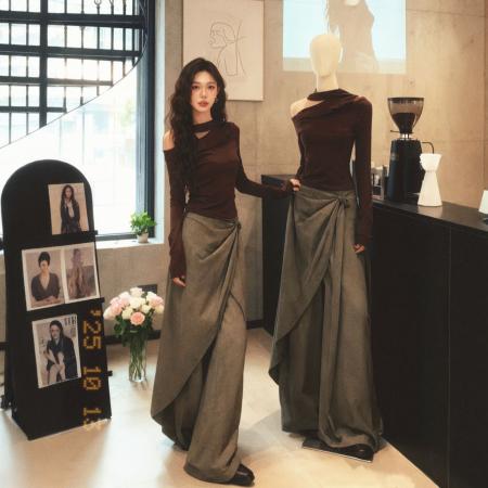 FA47561# 秋日搭配一整套大码胖mm露肩网纱飘带针织衫阔腿裤高级复古套装女  服裝批發女裝批發服飾貨源