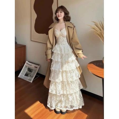 FA47562# 秋季穿搭一整套大码胖mm风衣外套背心蕾丝半身裙高级时尚三件套装  服裝批發女裝批發服飾貨源