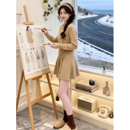 FA47563# 韩系一整套ootd穿搭独特超好看复古毛衣上衣针织a字短裙两件套装  服裝批發女裝批發服飾貨源