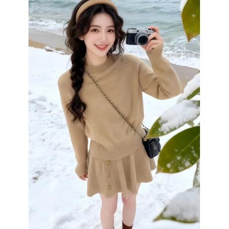 FA47563# 韩系一整套ootd穿搭独特超好看复古毛衣上衣针织a字短裙两件套装  服裝批發女裝批發服飾貨源