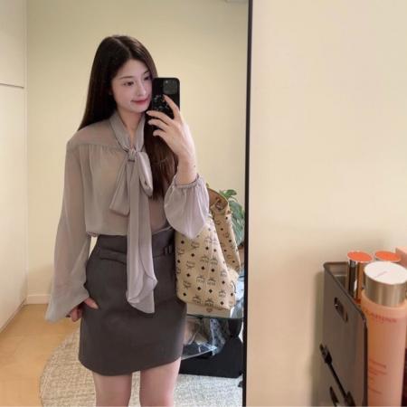 FA47564# 秋季穿搭一整套大码胖mm飘带长袖雪纺衬衫短裙减龄气质好看套装女  服裝批發女裝批發服飾貨源