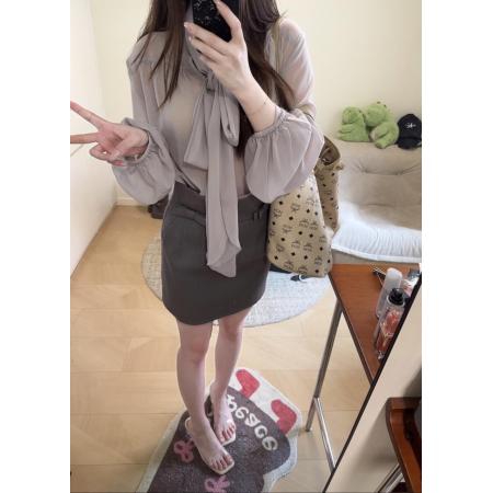 FA47564# 秋季穿搭一整套大码胖mm飘带长袖雪纺衬衫短裙减龄气质好看套装女  服裝批發女裝批發服飾貨源