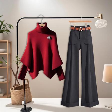 FA47565# 秋装搭配一整套大码胖mm斗篷针织毛衣阔腿裤高级感减龄时尚套装女  服裝批發女裝批發服飾貨源