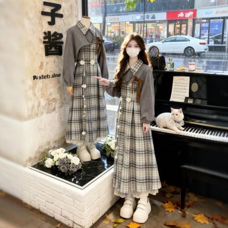 FA47567# 秋季穿搭一整套大码胖mm叠穿罩衫格纹连衣裙韩系高级感休闲套装女  服裝批發女裝批發服飾貨源