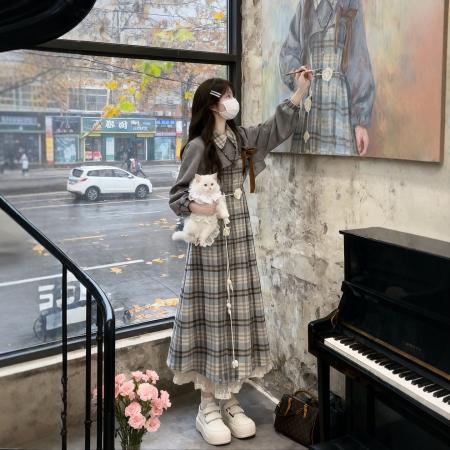 FA47567# 秋季穿搭一整套大码胖mm叠穿罩衫格纹连衣裙韩系高级感休闲套装女  服裝批發女裝批發服飾貨源