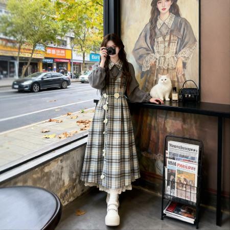 FA47567# 秋季穿搭一整套大码胖mm叠穿罩衫格纹连衣裙韩系高级感休闲套装女  服裝批發女裝批發服飾貨源