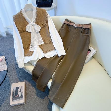 FA47569# 秋季穿搭一整套大码胖mm小香风马甲衬衫阔腿裤复古叠穿三件套装女  服裝批發女裝批發服飾貨源