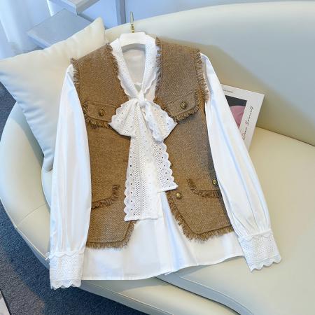 FA47569# 秋季穿搭一整套大码胖mm小香风马甲衬衫阔腿裤复古叠穿三件套装女  服裝批發女裝批發服飾貨源