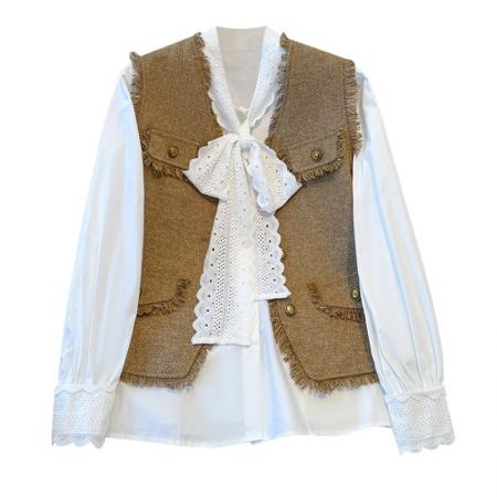 FA47569# 秋季穿搭一整套大码胖mm小香风马甲衬衫阔腿裤复古叠穿三件套装女  服裝批發女裝批發服飾貨源