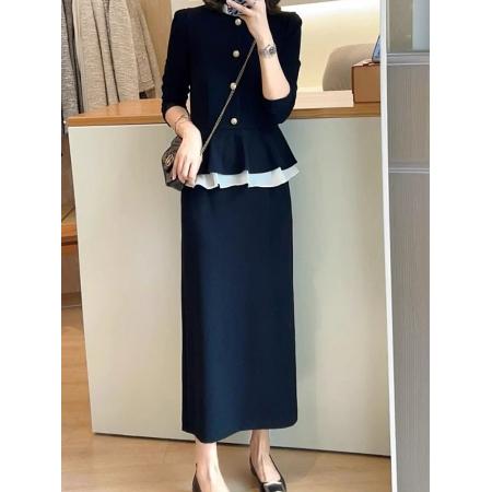 FA47570# 韩系时尚假两件拼接连衣裙女秋季大码胖mm气质减龄巨好看中长裙子  服裝批發女裝批發服飾貨源