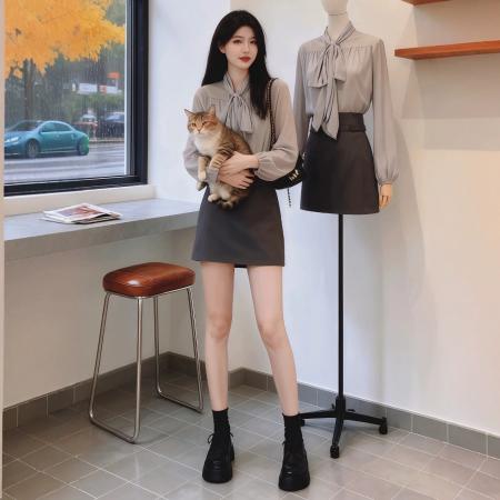 FA47571# 初秋穿搭一整套大码胖mm飘带雪纺衬衫半身短裙气质轻熟好看套装女  服裝批發女裝批發服飾貨源