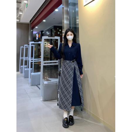 FA47573# 假两件衬衫连衣裙女秋季大码胖mm收腰显瘦独特漂亮气质格子长裙子  服裝批發女裝批發服飾貨源