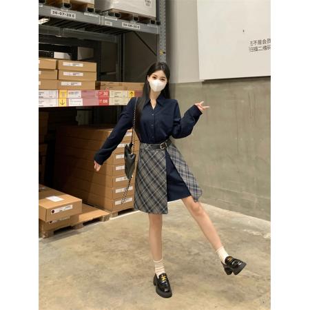 FA47573# 假两件衬衫连衣裙女秋季大码胖mm收腰显瘦独特漂亮气质格子长裙子  服裝批發女裝批發服飾貨源