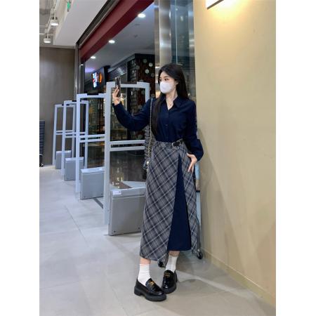 FA47573# 假两件衬衫连衣裙女秋季大码胖mm收腰显瘦独特漂亮气质格子长裙子  服裝批發女裝批發服飾貨源