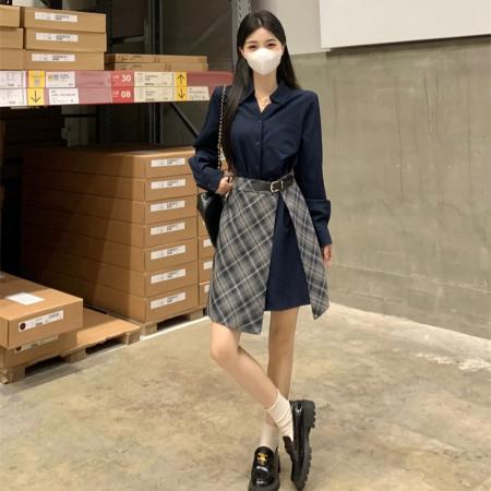 FA47573# 假两件衬衫连衣裙女秋季大码胖mm收腰显瘦独特漂亮气质格子长裙子  服裝批發女裝批發服飾貨源