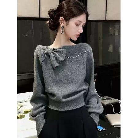 FA47574# 小香风灰色短款蝴蝶结针织上衣女秋冬新款时髦洋气宽松毛衣衫  服裝批發女裝批發服飾貨源