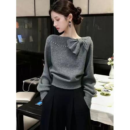 FA47574# 小香风灰色短款蝴蝶结针织上衣女秋冬新款时髦洋气宽松毛衣衫  服裝批發女裝批發服飾貨源