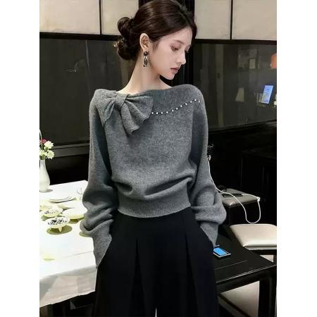 FA47574# 小香风灰色短款蝴蝶结针织上衣女秋冬新款时髦洋气宽松毛衣衫  服裝批發女裝批發服飾貨源