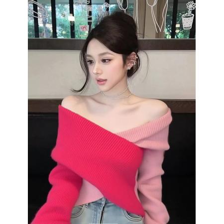 FA47575# 绝美巨好看秋冬时尚气质慵懒氛围感减龄穿搭粉色交叉拼接上衣  服裝批發女裝批發服飾貨源