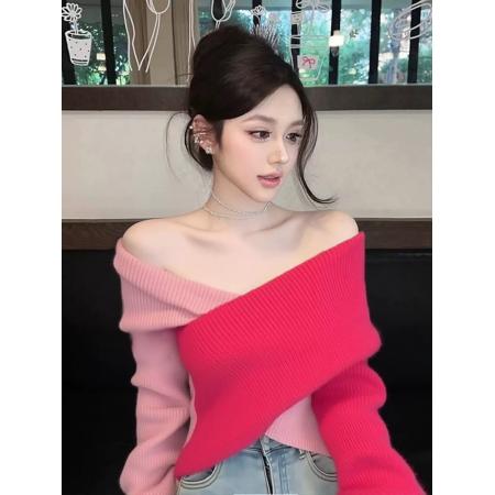 FA47575# 绝美巨好看秋冬时尚气质慵懒氛围感减龄穿搭粉色交叉拼接上衣  服裝批發女裝批發服飾貨源