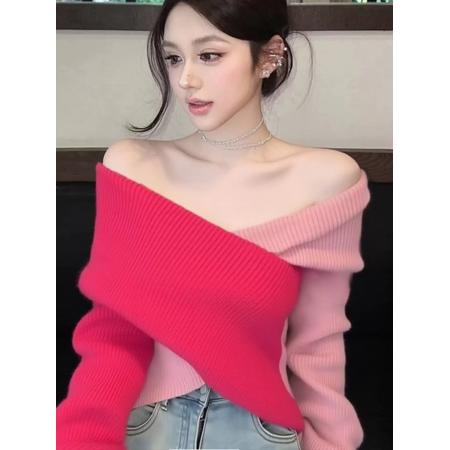 FA47575# 绝美巨好看秋冬时尚气质慵懒氛围感减龄穿搭粉色交叉拼接上衣  服裝批發女裝批發服飾貨源