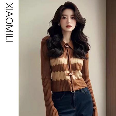 FA47577# 美拉德翻领撞色针织衫女夏季高级感毛衣打底衫复古内搭短款上衣潮  服裝批發女裝批發服飾貨源