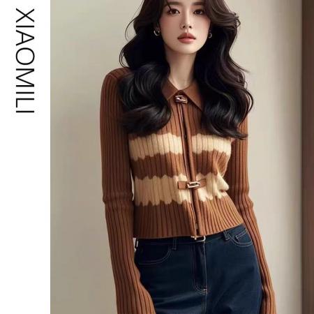 FA47577# 美拉德翻领撞色针织衫女夏季高级感毛衣打底衫复古内搭短款上衣潮  服裝批發女裝批發服飾貨源