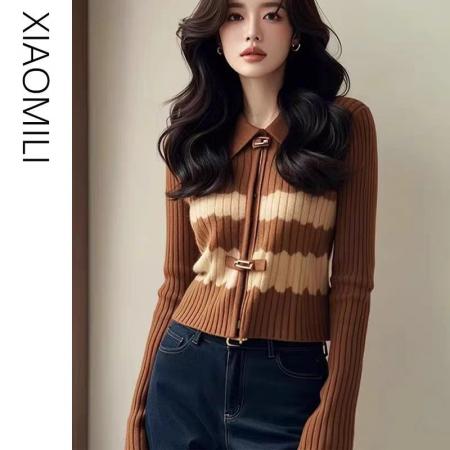 FA47577# 美拉德翻领撞色针织衫女夏季高级感毛衣打底衫复古内搭短款上衣潮  服裝批發女裝批發服飾貨源