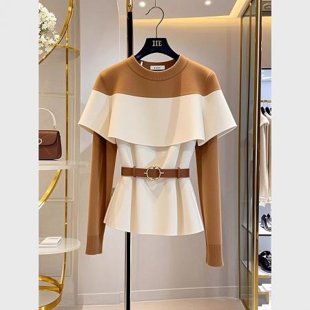 FA47578# 不撞款韩系chic别致漂亮长袖上衣女款春季卡其色撞色针织衫  服裝批發女裝批發服飾貨源