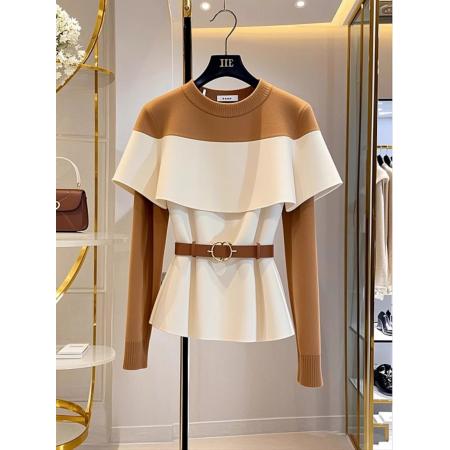 FA47578# 不撞款韩系chic别致漂亮长袖上衣女款春季卡其色撞色针织衫  服裝批發女裝批發服飾貨源