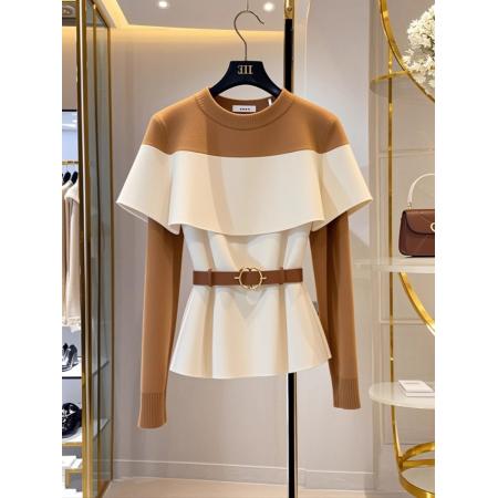 FA47578# 不撞款韩系chic别致漂亮长袖上衣女款春季卡其色撞色针织衫  服裝批發女裝批發服飾貨源