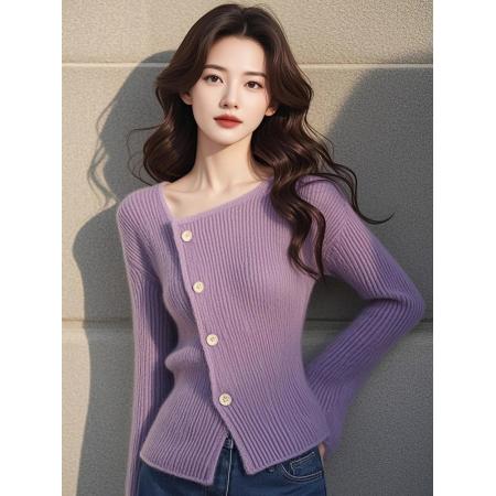 FA47579# 时尚百搭绝美紫色长袖毛衣针织打底衫女秋季款独特高级感好看小衫  服裝批發女裝批發服飾貨源