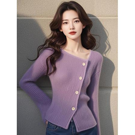 FA47579# 时尚百搭绝美紫色长袖毛衣针织打底衫女秋季款独特高级感好看小衫  服裝批發女裝批發服飾貨源