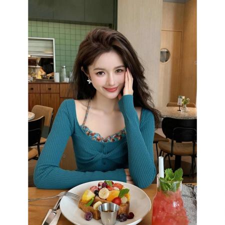 FA47580# 法式纯欲荷叶边假两件挂脖打底衫女内搭辣妹修身锁骨长袖上衣秋冬  服裝批發女裝批發服飾貨源