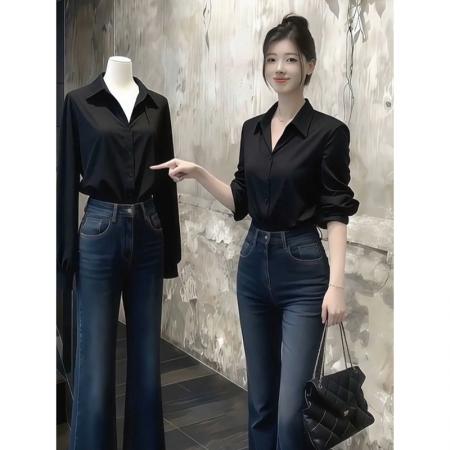 FA47582# 赵露思许妍明星同款黑色翻领衬衫衬衣女早秋季港风巨好看上衣  服裝批發女裝批發服飾貨源