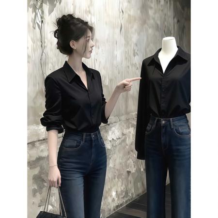 FA47582# 赵露思许妍明星同款黑色翻领衬衫衬衣女早秋季港风巨好看上衣  服裝批發女裝批發服飾貨源