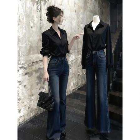 FA47582# 赵露思许妍明星同款黑色翻领衬衫衬衣女早秋季港风巨好看上衣  服裝批發女裝批發服飾貨源