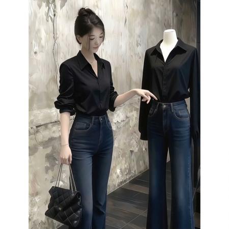 FA47582# 赵露思许妍明星同款黑色翻领衬衫衬衣女早秋季港风巨好看上衣  服裝批發女裝批發服飾貨源
