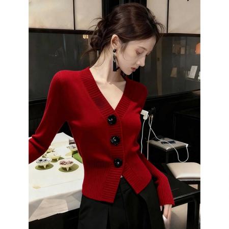 FA47584# 红色V领短款收腰针织上衣女新款早秋法式高级感外穿长袖开衫  服裝批發女裝批發服飾貨源