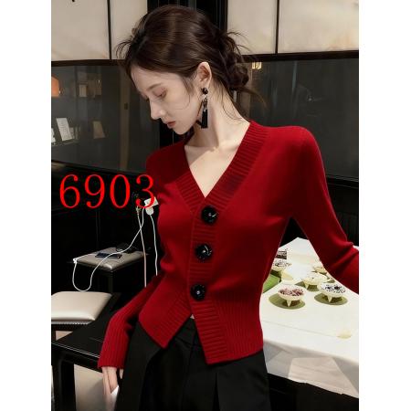 FA47584# 红色V领短款收腰针织上衣女新款早秋法式高级感外穿长袖开衫  服裝批發女裝批發服飾貨源