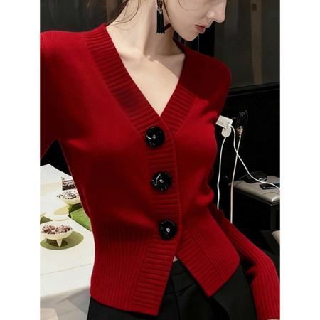 FA47584# 红色V领短款收腰针织上衣女新款早秋法式高级感外穿长袖开衫  服裝批發女裝批發服飾貨源