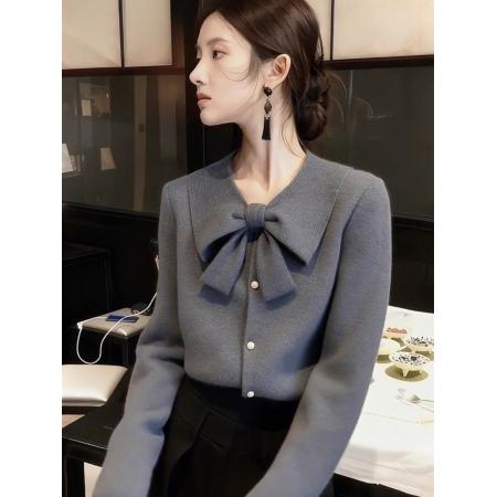 FA47587# 灰色蝴蝶结针织衫女冬季小众不撞款独特漂亮轻熟气质内搭毛衣  服裝批發女裝批發服飾貨源
