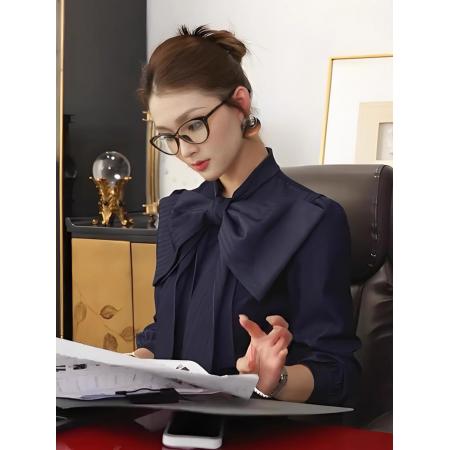 FA47588# 秋季独特超好看绝美上衣轻奢高级感超好看减龄洋气蓝色蝴蝶结衬衫  服裝批發女裝批發服飾貨源