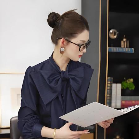 FA47588# 秋季独特超好看绝美上衣轻奢高级感超好看减龄洋气蓝色蝴蝶结衬衫  服裝批發女裝批發服飾貨源